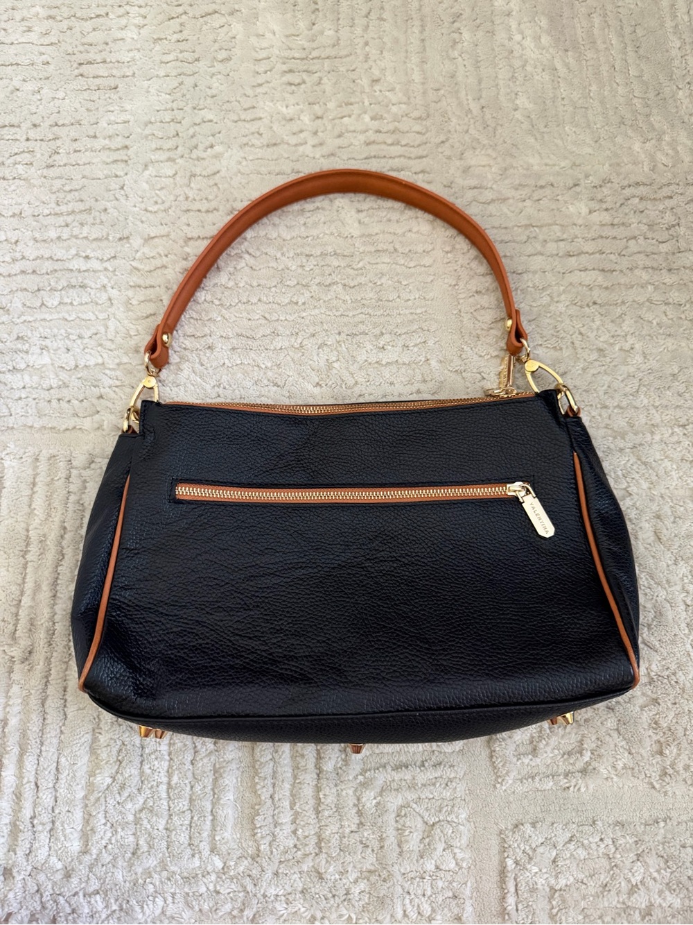 Valentina Black Pebbled Shoulder Bag Brown Trim Gold Hardware